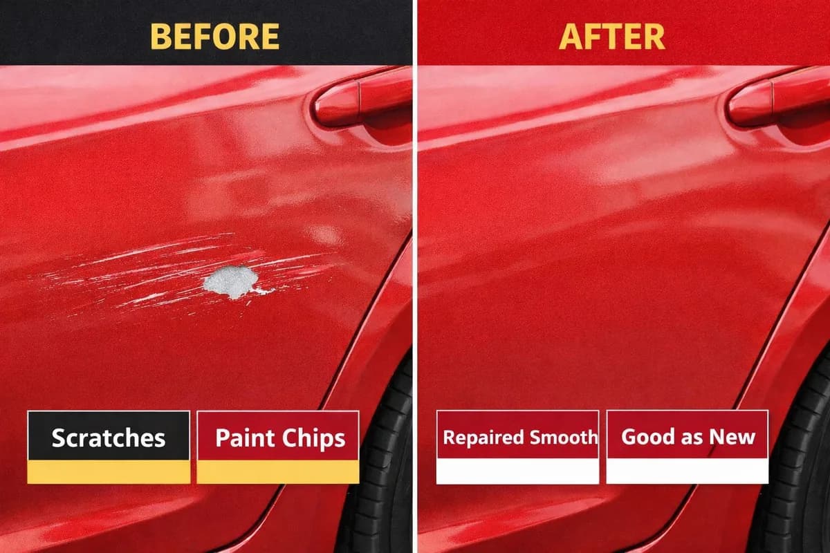 Car scratch and chip repair before and after putty application